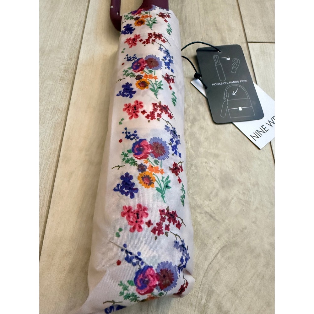 Nine West Carabiner Handle Umbrella Compact 44in Canopy Floral Pink Burgundy NWT - Picture 5 of 11